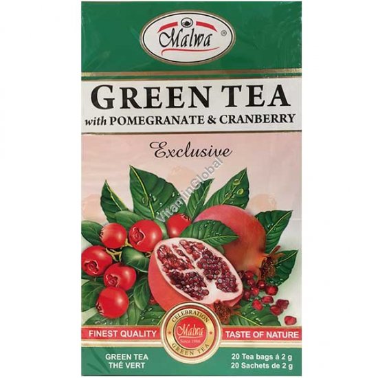 Green Tea with Pomegranate & Cranberry, 20 Tea Bags - Malwa